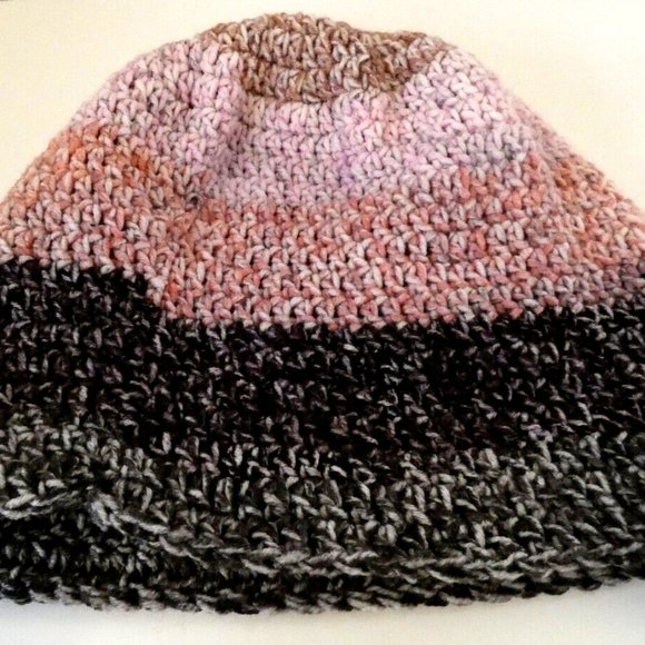 Colorful Pink Black Beanie Multicolor Cap Roll Hat Handmade Crochet USA Size M - Picture 6 of 6